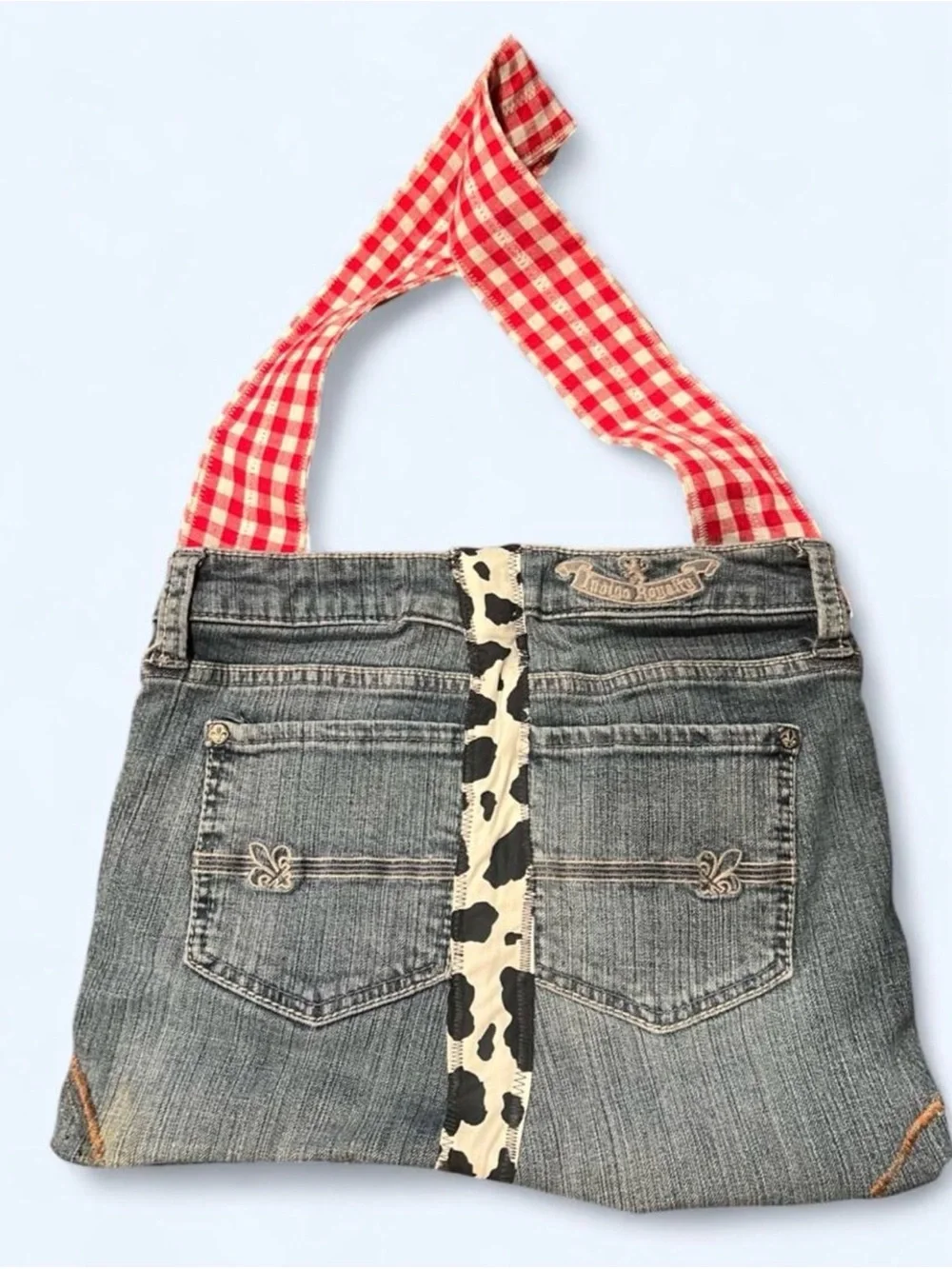 Source Unknown Denim Tote with Leopard Center and Red Gingham Strap